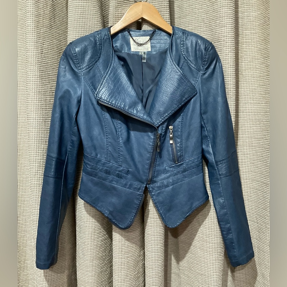 One Community Blue Faux Leather Motorcycle Jacket, Size Small